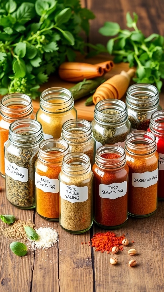 Homemade Seasoning Blend Recipes A variety of homemade seasoning blends in jars on a wooden table, with fresh herbs and spices.